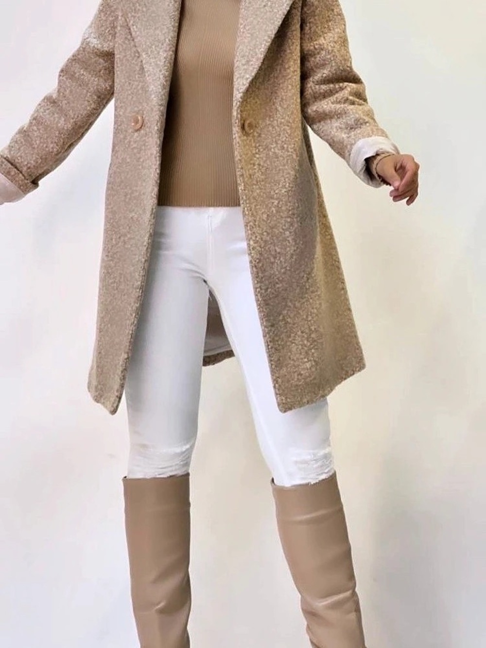 Women's Beige Wool-Look Pea Coat bukle 120$